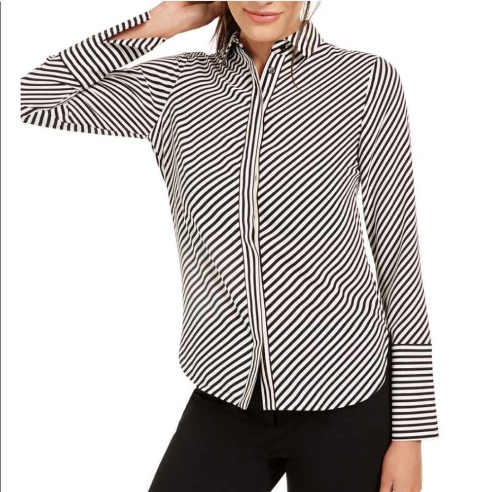 Anne Klein Stripe Slit Cut Cuff Blouse Women's XS Button Front Office Career